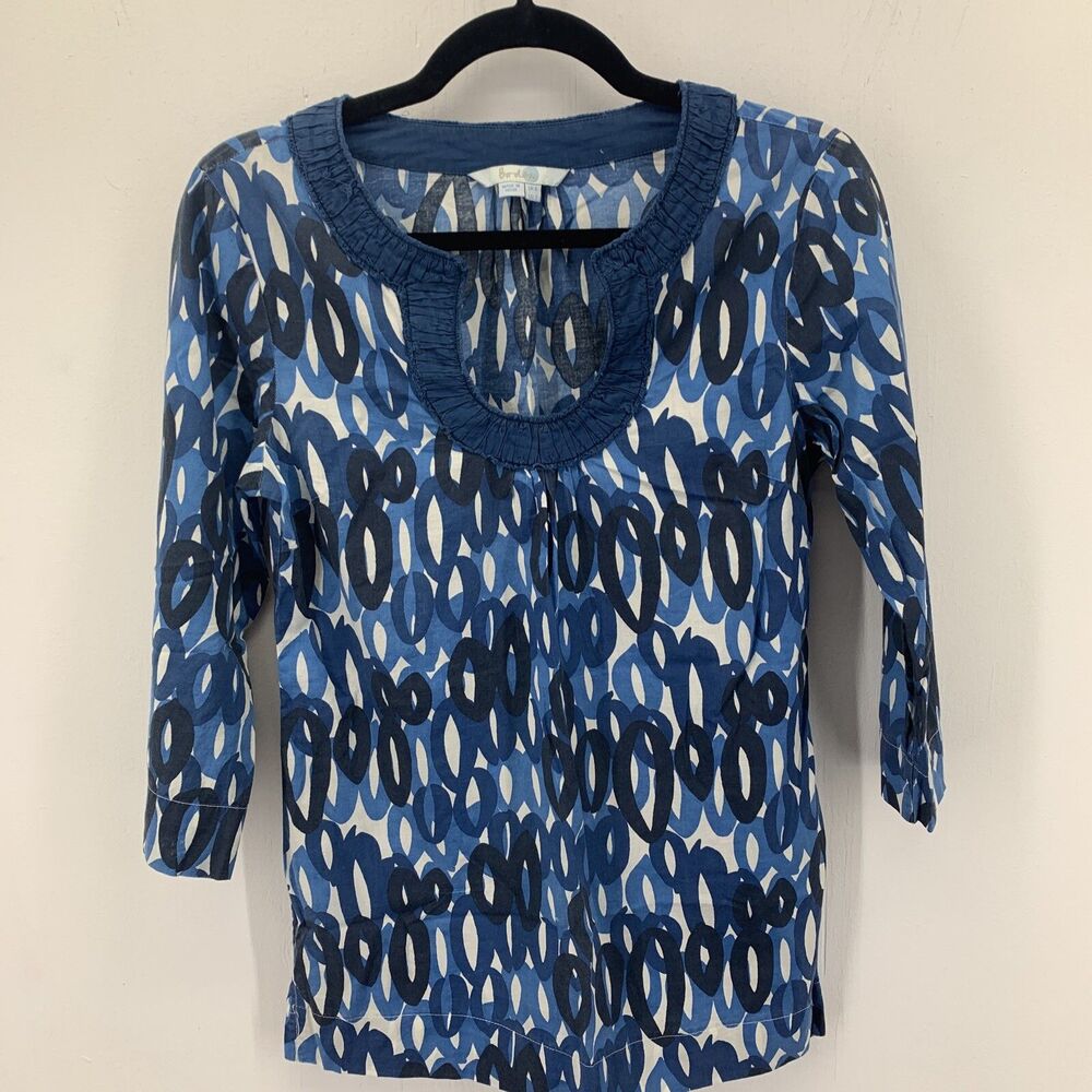 Boden Women 2 Pullover Blouse Top Tunic Blue Geometric 3/4 Sleeve Preppy Cottage